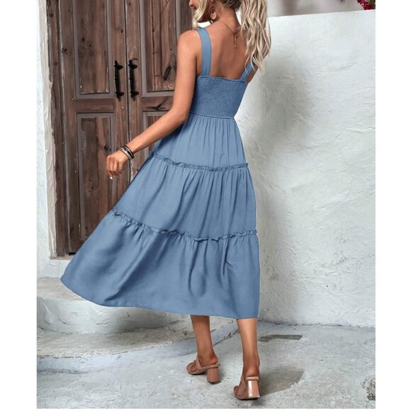 Boho Shirred Ruffle Hem Dress Blue - Picture 3 of 4